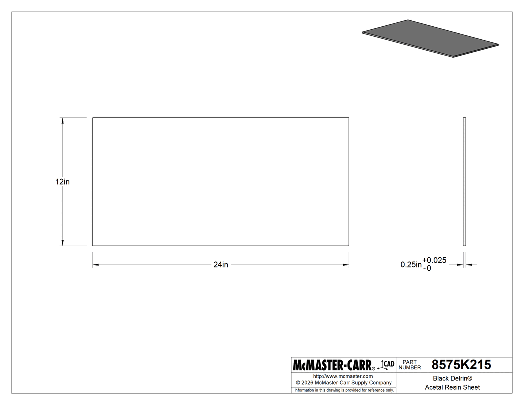 Technical Drawing of Black Delrin® Acetal Resin Sheet, 1/4" Thick, 12" Wide x 24" Length.